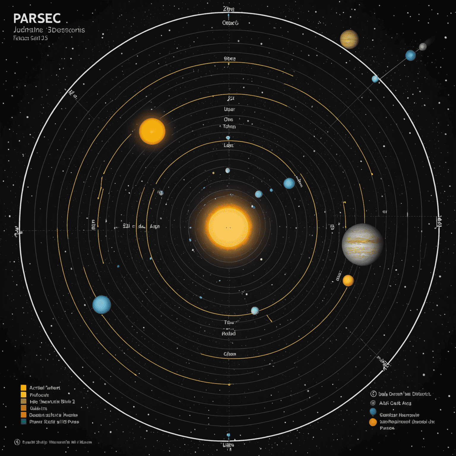 A detailed infographic showing the concept of a parsec, with a visual representation of one astronomical unit subtending an angle of one arcsecond at a distance of one parsec. The image includes celestial bodies and distance markers to provide scale.