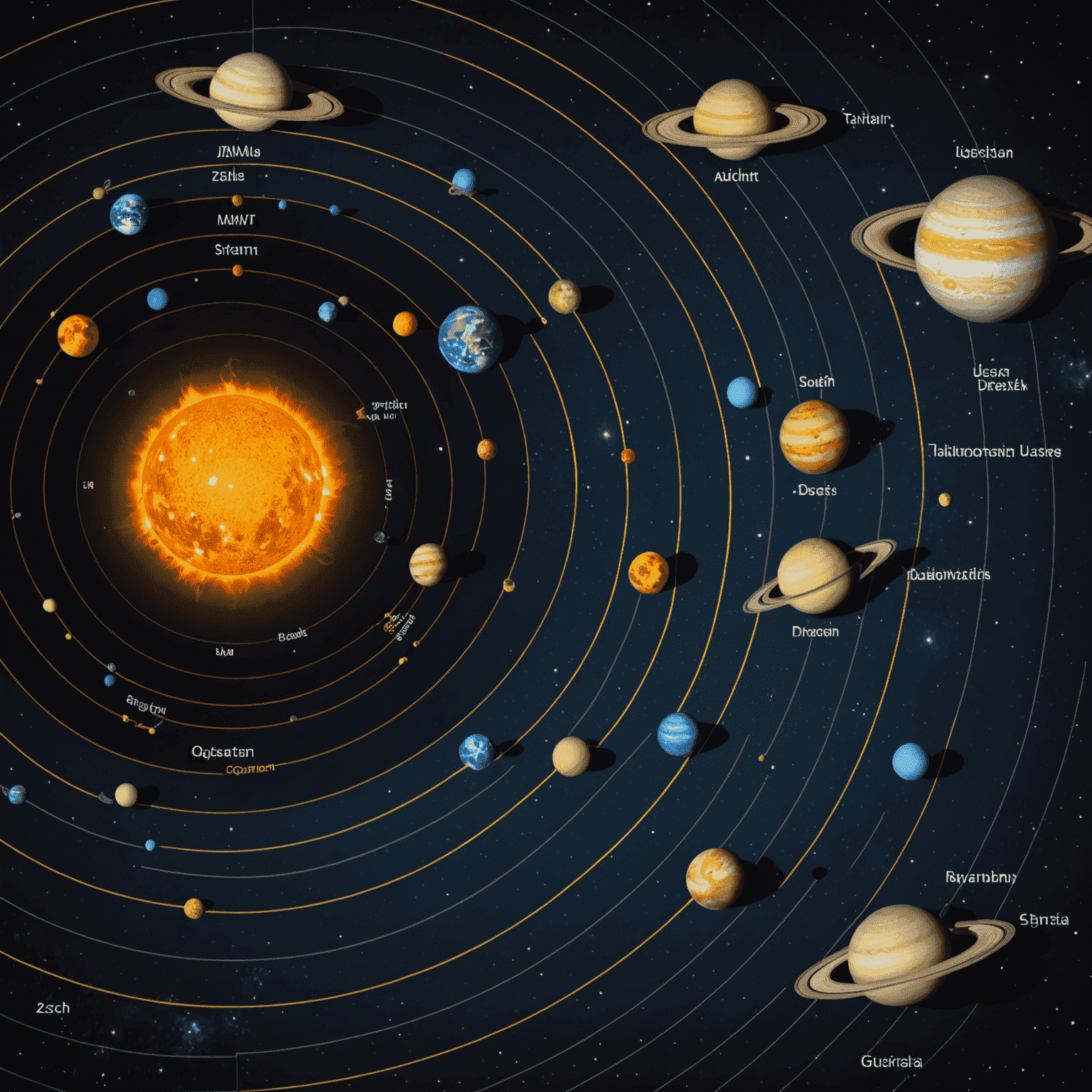 Diagram showing the scale of the solar system in astronomical units, with planets and other celestial bodies marked at their respective distances