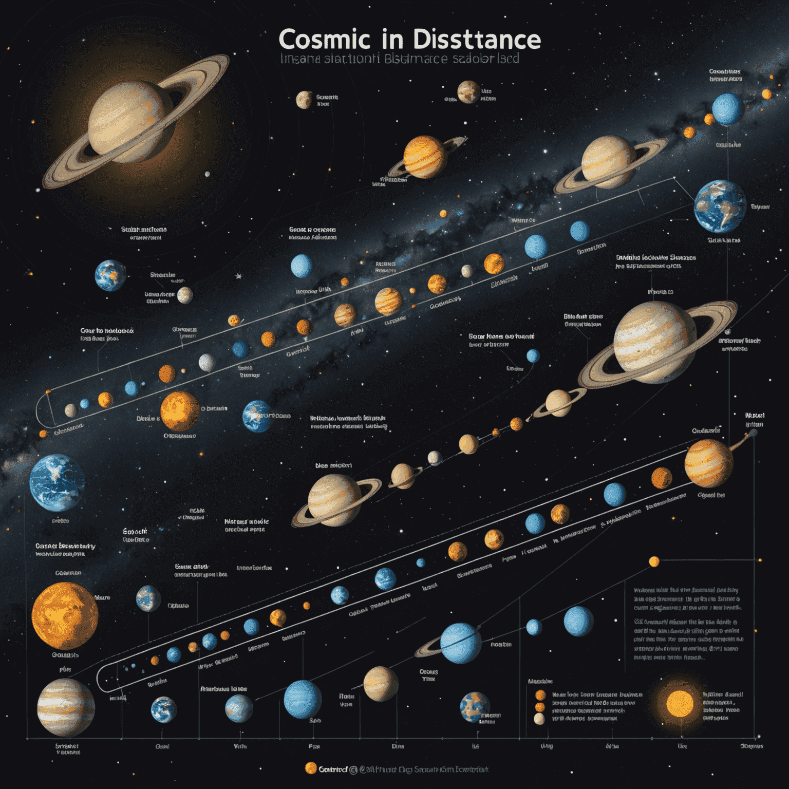 Infographic showing a cosmic distance ladder, illustrating how different distance units are used for various scales in the universe, from solar system to intergalactic distances