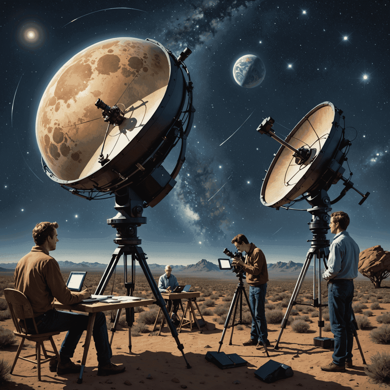 Illustration of astronomers using telescopes and computers to measure cosmic distances