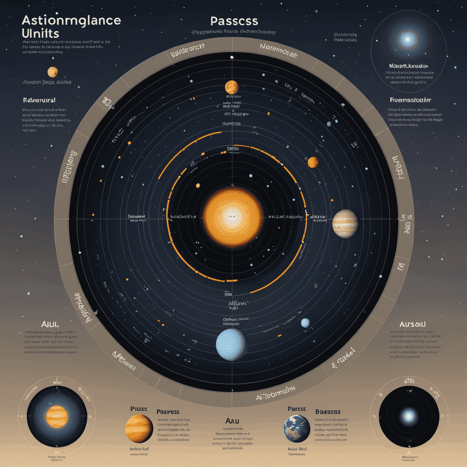 Infographic comparing different astronomical distance units like parsecs, light-years, and AU